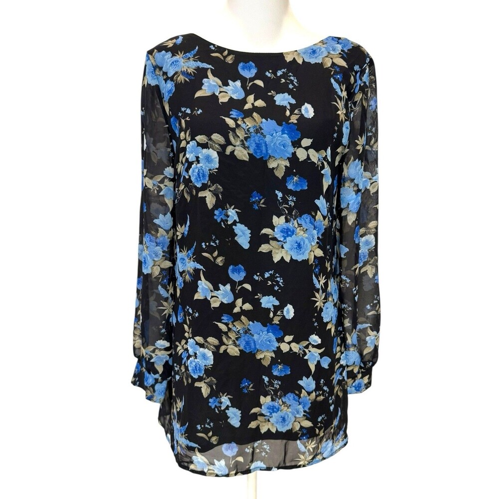 Women’s Blue Floral Mini Dress Size S Sheer Long Sleeve Lined by Moon